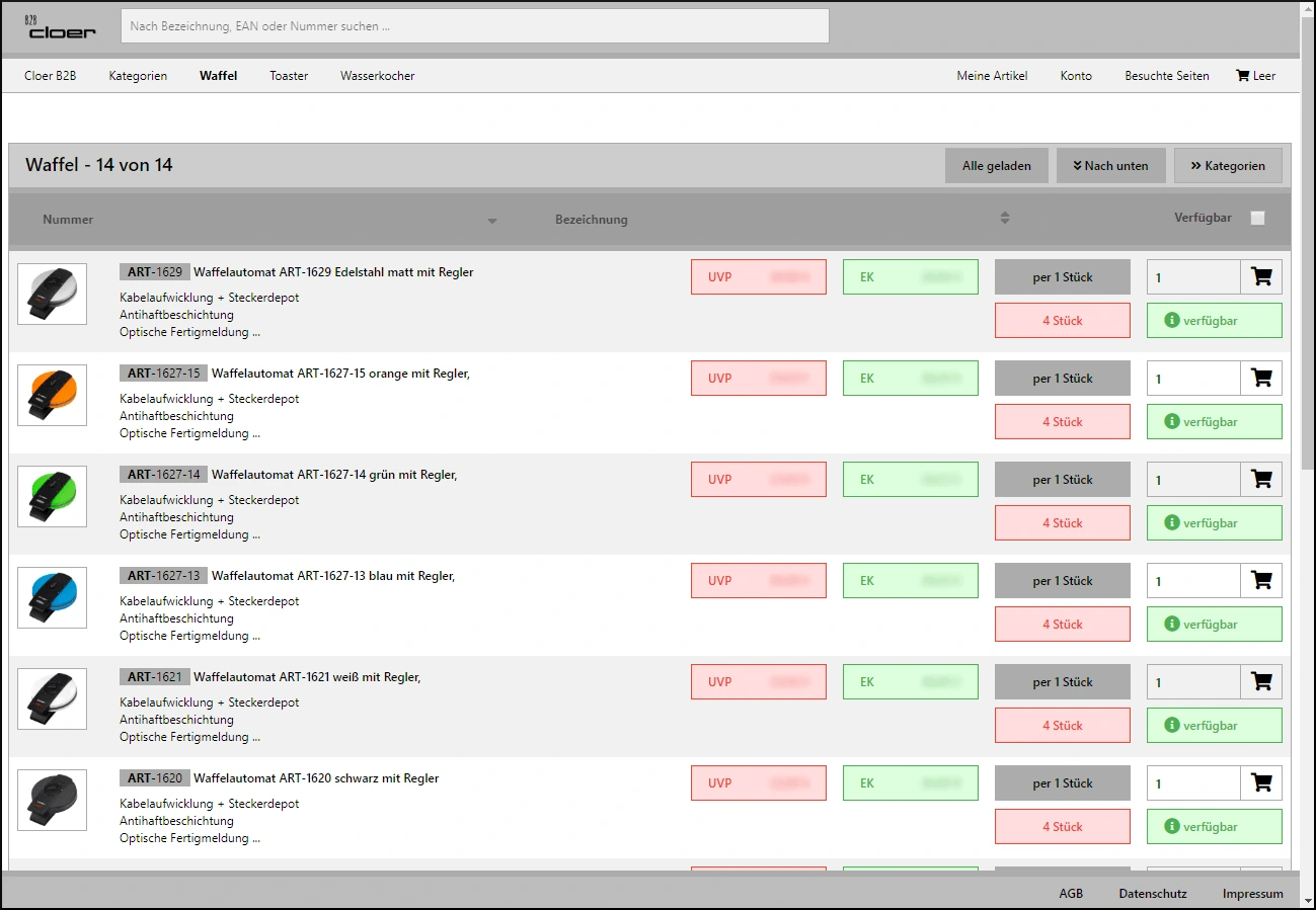 Ansicht eines B2B Shops.